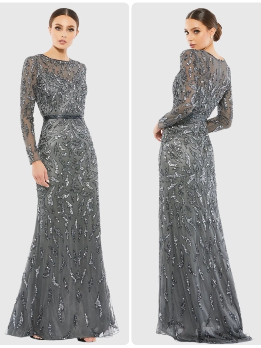 MAC DUGGAL Dark Gray Beaded Long Sleeve Evening Gown Maxi Dress 5124 NWT $598